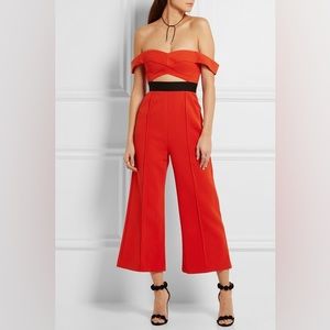 NWT Self-Portrait Off-the-shoulder Cutout Ponte Jumpsuit In Red